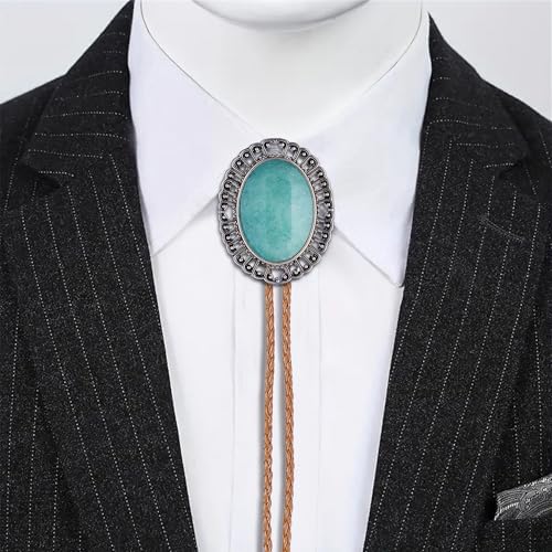 Image of Jeilwiy Bolo Tie for Men Real Stone Westwern Cowboy Ties Silver Bolos Women Leather Necktie Gift for Birthday Christmas