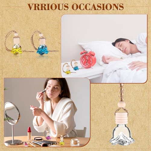 Image of 50 Pcs 8ml Hanging Car Air Freshener Diffuser Empty Clear Glass Essential Diffuser Oil Aromatherapy Fragrance Perfume Pendant Rose Shape with Wooden Cap Hanging String Car Diffuser Bottle