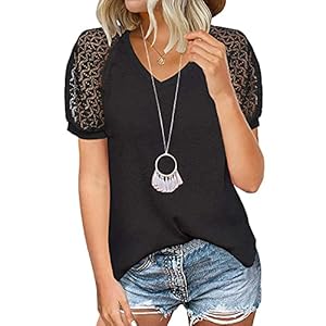 MIHOLL-Womens-Lace-Short-Sleeve-V-Neck-Shirts-Loose-Casual-Tops-Tee-Shirt MIHOLL Women's T Shirt Lace Short Sleeve V Neck Shirts Loose Casual Summer Tunic Tops