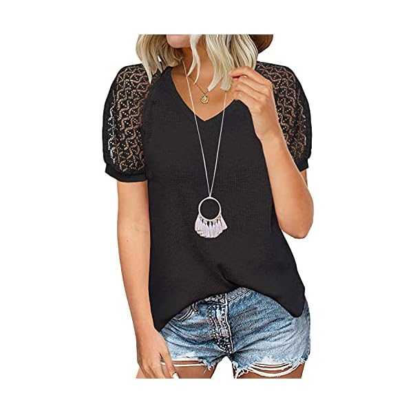 MIHOLL-Womens-Lace-Short-Sleeve-V-Neck-Shirts-Loose-Casual-Tops-Tee-Shirt MIHOLL Women's T Shirt Lace Short Sleeve V Neck Shirts Loose Casual Summer Tunic Tops
