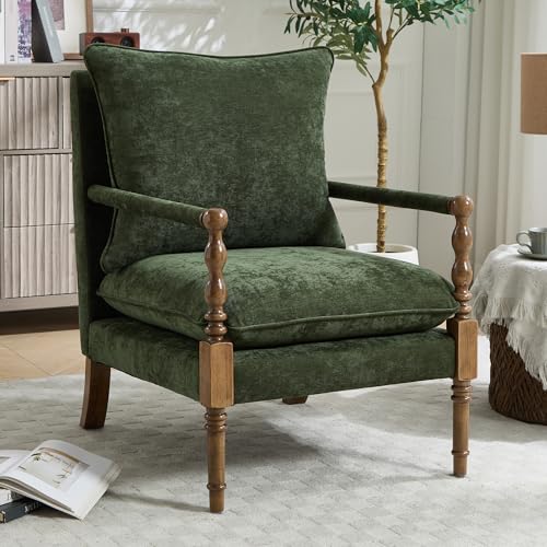LVHOM Accent Chair for Living Room, Farmhouse Linen Fabric Spindle Accent Chair with Solid Wood Frame, Upholstered Armchair with Padded Spring Seat & Covered Armrests for Bedroom, Emerald