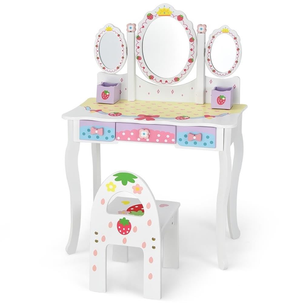 Pemberly Row Kids Vanity Princess Makeup Dressing Table Chair Set, MDF Construction, White Finish, Tri-Fold Mirror, Ergonomic Chair, Detachable Design, Compact Storage, Ideal for Bedroom or Playroom