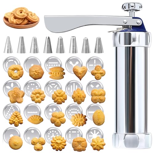 xolear Pistolas para Hacer Galletas Acero Inoxidable, Churrera 20 Moldes y 8 Boquillas de Acero Inoxidable, Maquina para Hacer Churros para Lavavajillas Decorar Pasteles, Postres y Galletas Caseras