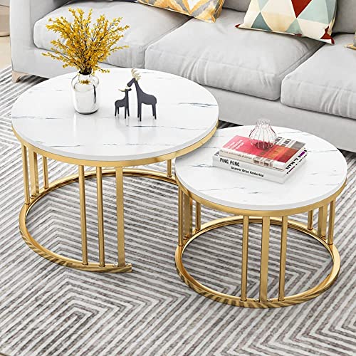 LHLYL-DP Table Basse Mobilier Ensemble De 2, Cadre en Métal ,Ronde en Faux-Marbre, Espace Saving Home/Restauration/Bureau/Living/Coin Côté,A,80 * 45+60 * 38cm
