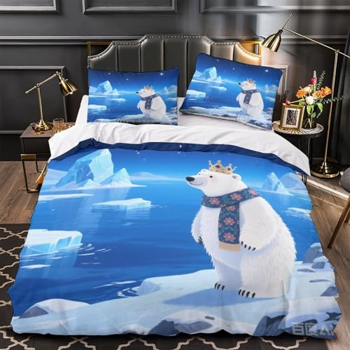 Housse de couette ours polaire 3D en microfibre 220x240cm avec taies d'oreiller pour lit King