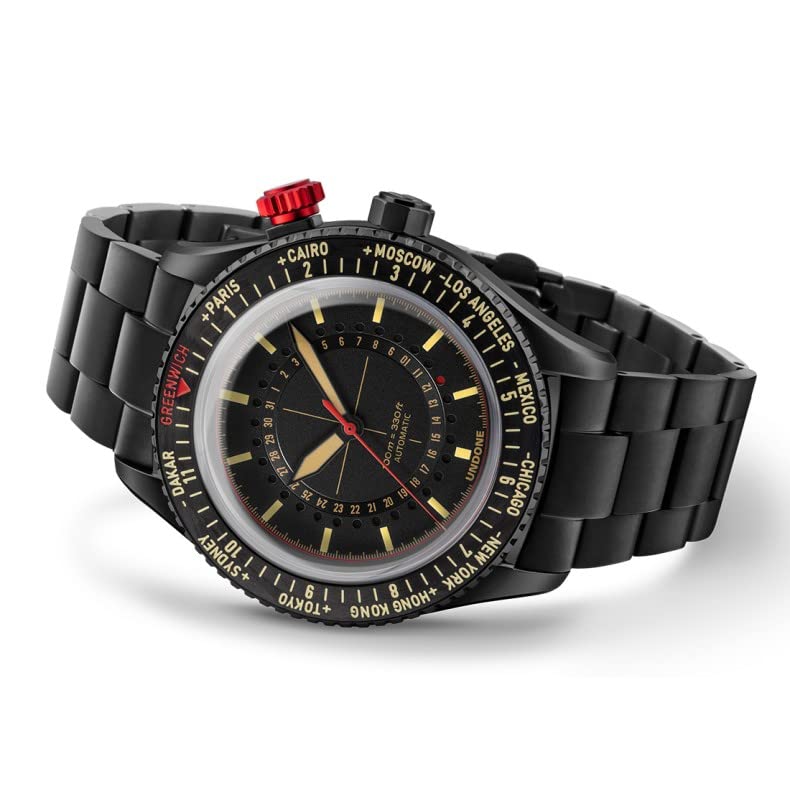 Undone AERO WORLDTIMER LINDBERGH Automatisch Stahl Schwarz Datum Vintage Pilot Uhr Herren, Schwarz , Armband