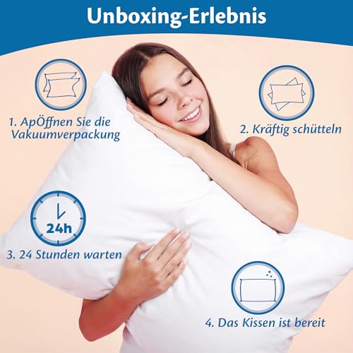 Flowen Kopfkissen 48x74 cm Kissen für Bett 48 x 74 2er Set Bettkissen Hypoallergene Anti-Milben Weiche Kissenfüllung mit Weicher Gesteppter Kopfkissenbezug 100% Polyester Schlafkissen