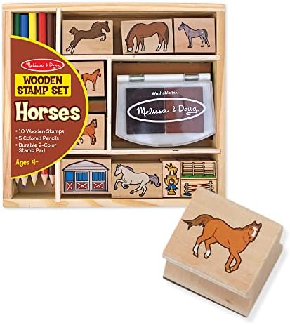 Melissa & Doug Wooden Stamp Activity Set: Horse Stable - 10 Stamps, 5 Colored Pencils, 2-Color Stamp Pad - Horse Stamps With Washable Ink, Horse Gifts For Girls And Boys Ages 4+