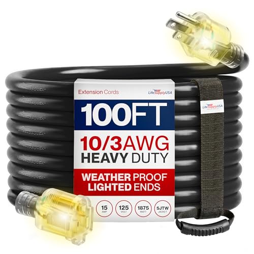 100ft Outdoor/Indoor Extension Cord 10/3 Gauge Ultra Heavy Duty 3 Prong SJTW, Waterproof, Flexible Cold-Resistant Long Power Cord,15A 125V 1875W, Black by LifeSupplyUSA