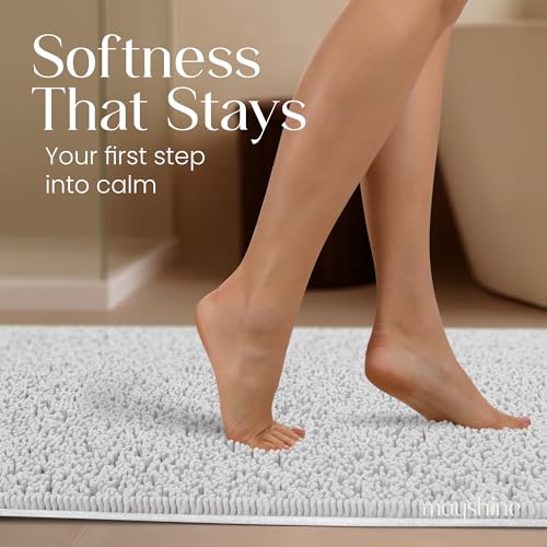 Image of MAYSHINE Runner Plush Shaggy Chenille Bath Mat 71 inchx31 inch Extra Soft, Super Absorbent, Non-Slip Bathroom Rug | Fluffy Microfiber, Area Rug Sets for Bathroom Floor, Kitchen, Living Room | White