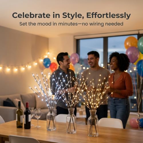 Image of DK177 2Pack Warmlight + 2Pack Whitelight Led Branch Light Battery Operated Lighted Branch Vase Filler Willow Tree Artificial Little Twig Power Brown 30 Inch 20 LED for Home Decoration
