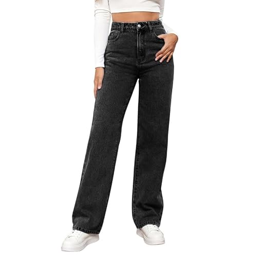 LAEMILIA Baggy Jeans Women Straight Leg Denim Pants Ladies High Waist Wide Leg Trousers with Pockets Loose Fit Jeans Plus Size S-XXL/UK 8-18