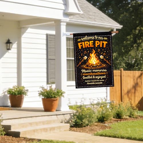 Image of Nuxovilar Camping Flag Fire Pit Garden Flag 28x40 Inches Polyester | Camping Decor Firepit Flag warm music banner campsite invite sign backyard fireside lawn (Marshmallow Note)