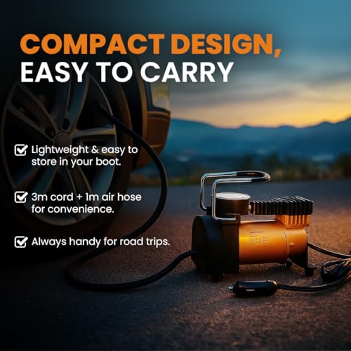 Image of MEGAAUDIO 12V DC Portable 2-In-1 Car Tyre Inflator & Air Compressor | 150 PSI Analog Pressure Gauge | 30LPM Air Flow | Durable Metal Body | 3M Power Cord & Cigarette Lighter Plug for Car,Bike & SUVs
