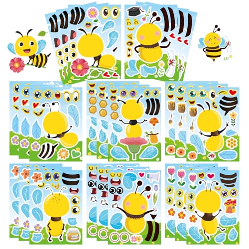JUUFLA 24 Stück Bienen DIY Aufkleber Set für Kinder – Gesichtsgestaltung Bastelset, Party Mitgebsel, Geburtstag Dekoration & Bastelspaß, Sticker zum Selbstgestalten für Bienenparty