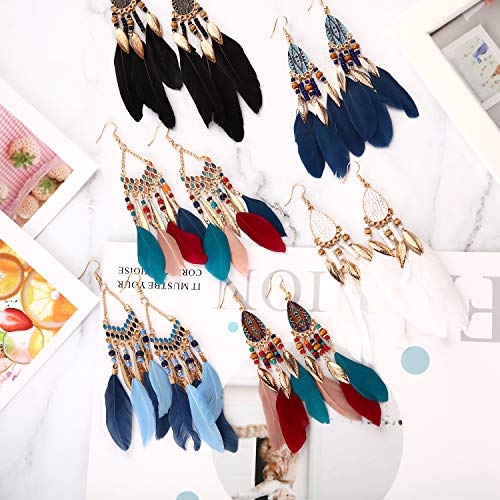 6 Pairs Women Faux Feather Earrings Bohemian Fringe Tassel Long Drop Dangle Earrings Set With Dream Catcher Design For Women Girls (Style 1) #TOP3