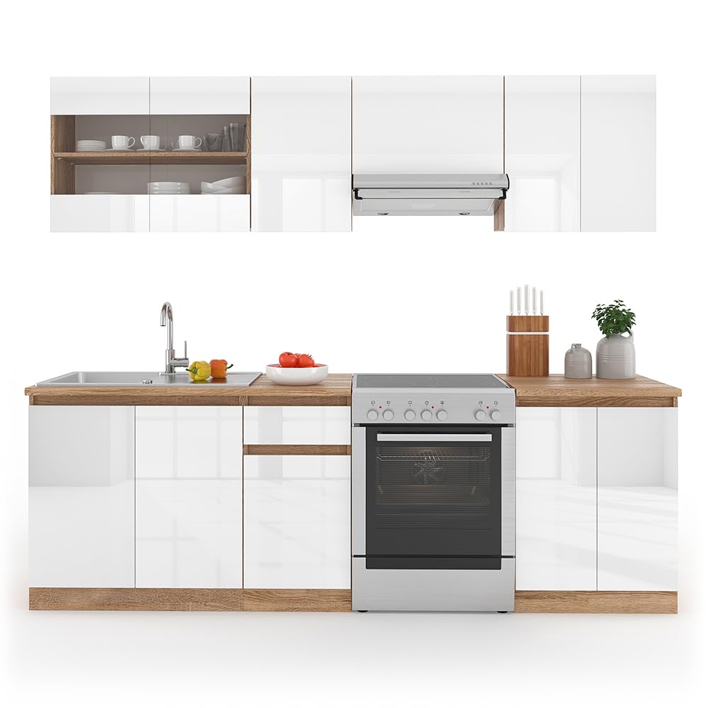 Vicco Cucina componibile Raul, Bianco lucido/bianco, 240 cm, PL Sonoma, con moduli posizionabili variabilmente e piedini regolabili in altezza