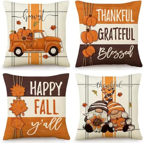 Image of PSDWETS Throw Pillow Covers 20x20 Set of 4 for Fall Decor,Fall Decorations Maple Leaves Pumpkin Farmhouse Autumn Thanksgiving Cushion Cover for Home Sofa Couch