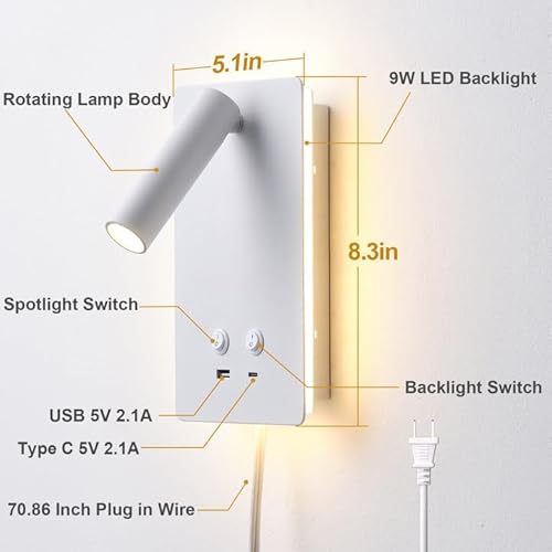 MOLUOLA LED Wall Lamp Wall Mounted Reading Lights, Adjustable Headboard Plug in Wall Sconce with USB C+A Ports, Headboard Bedside Lamp with 9W+3W Night Light 3000K (White) - Cosy Home Interiors MOLUOLA LED Wall Lamp Wall Mounted Reading Lights, Adjustable Headboard Plug in Wall Sconce with USB C+A Ports, Headboard Bedside Lamp with 9W+3W Night Light 3000K (White) - Image 3