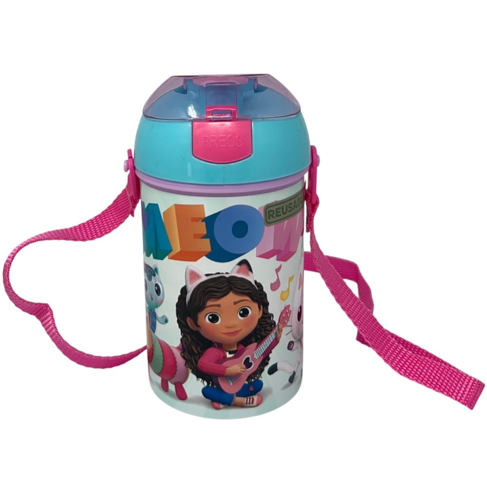 Cartoon Girls Gabby's Dollhouse Pop Up Bottle Reusable Plastic Bottle With Shoulder Strap Bpa Free Capacity 450Ml