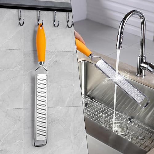 Image of Rainspire Zester Grater with Handle, Lemon Zester Cheese Grater for Kitchen Stainless Steel, Parmesan Cheese Garlic Nutmeg Chocolate Fruits Vegetables Ginger Grater, Fine (Orange)