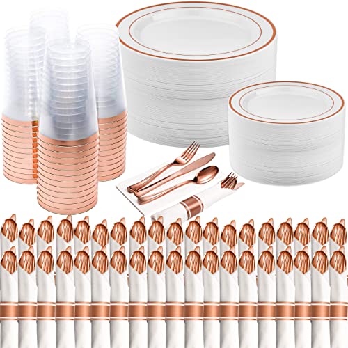 Prestee 350 Piece Disposable Dinnerware Set for 50 Guests - Rose - 50 Dinner Plates, 50 Salad Plates, 50 Knives, 50 Forks, 50 Spoons, 50 Cups and 50 Napkins