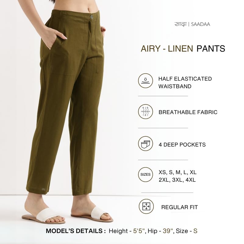 Image of SAADAA Women's Airy Linen Straight Pants | Regular Fit Trousers | Half Elasticated with Drawstrings & Buttons | 4 Pockets | Everyday & Office Wear