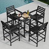 Orbcove 5-Piece Bar Height Outdoor Table and Chairs Set, HDPE Wood Grain Patio Bar Table and Chairs with Heart Cutout Design, Weather-Resistant Bar Height Furniture for Deck, Porch, Pool (Black)