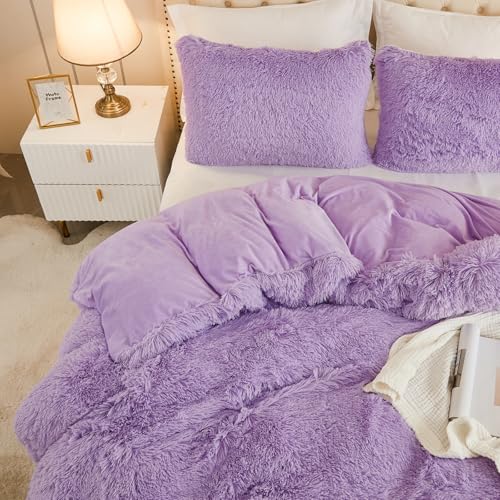 EMME Plüsch Bettwäsche Set 135x200cm Biber Flauschige Bettdecke Set für Bett Shaggy und Plüsch weiche Bettwäsche Bettbezüge und 1 Kissenbezug 80x80cm, Lila