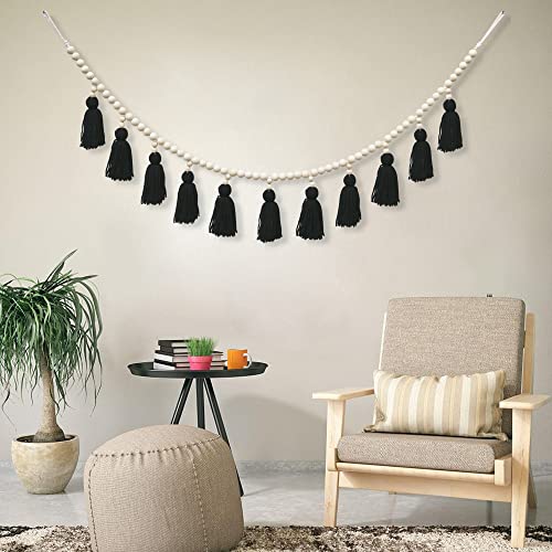 Tassels Garland With Wood Bead,Boho Garland Decor,Decorative Macrame Banner For Girls Room Nursery Baby Shower Classroom (Black) #TOP2