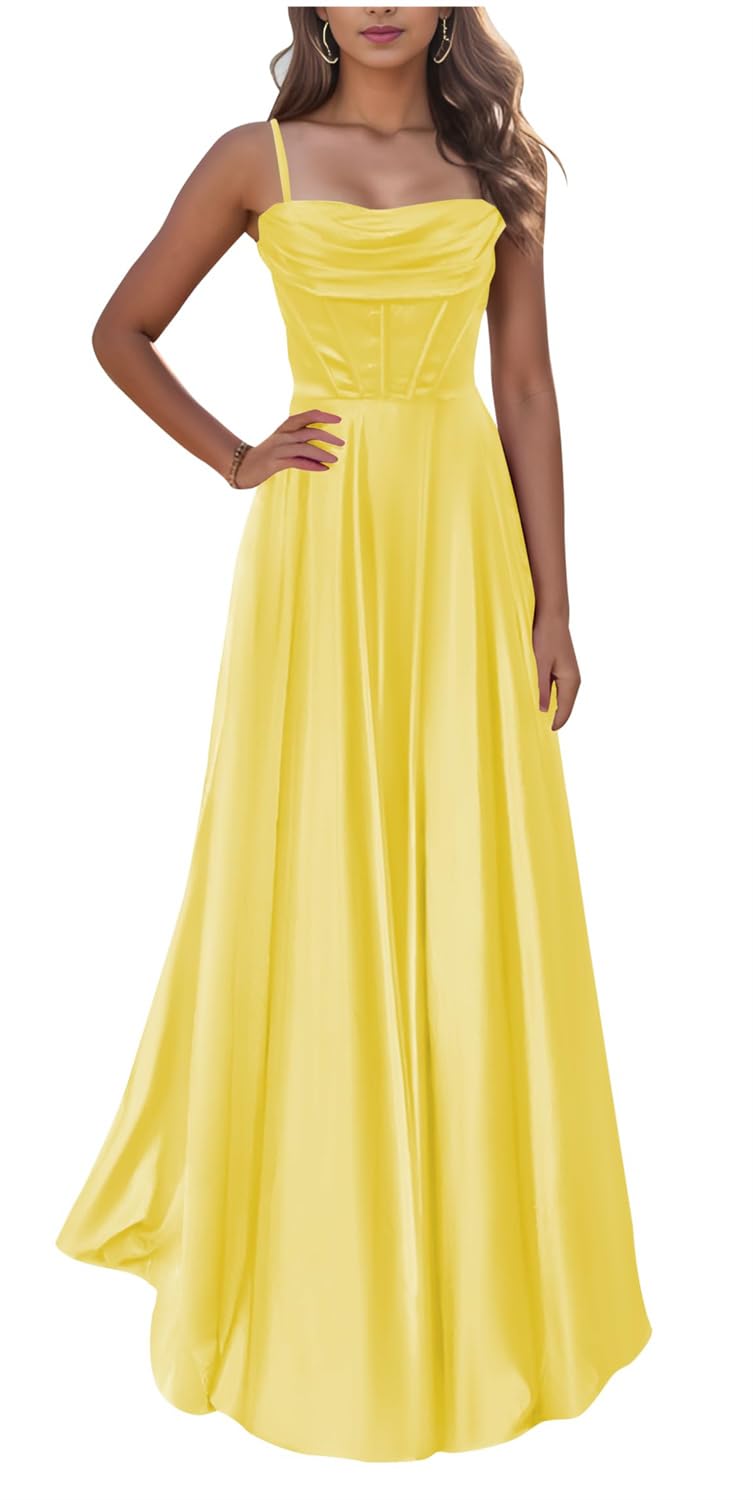 KURFACE Yellow Satin Prom Dresses for Teens 2024 Spaghetti Strap Cowl Neck Long Bridesmaid Dress Formal Gown UK24