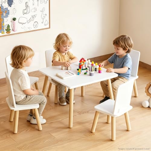 Image of Kids Table and Chairs Set, 5 Pieces Toddler Table and Chair Set, Kids' Table & 4 Chair Sets, Kid Play Table for Daycare, Classroom, Home (White)