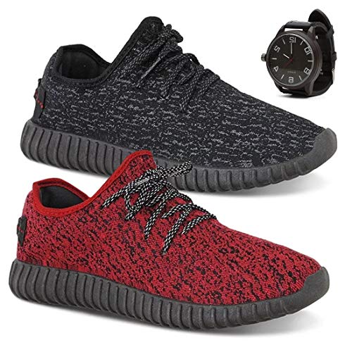 Kit 2 Tenis Corrida Yzi Urbano + Relógio - Preto/Vermelho - 41