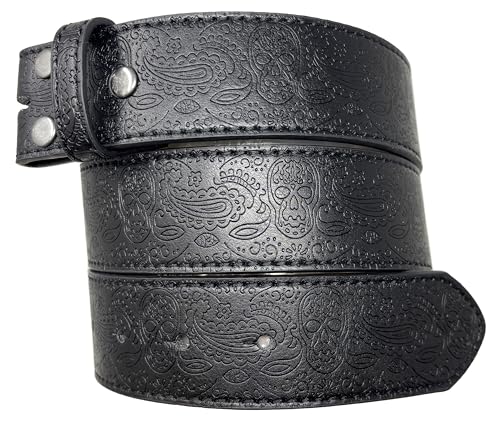 Leather Belt Strap with Western Skull and Paisley Embossed Pattern 1.5