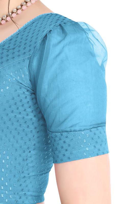 Image of FINESTFIT Stay On Trend Fashion 100% Cotton Readymade Blouses for Women,Round Neckline with Organza Balloon Sleeves.