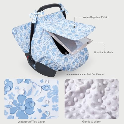 Image of FIOBEE Baby Car Seat Cover, Car Seat Covers for Babies Infant Car Seat Canopy with Breathable Mesh Window Waterproof Carseat Cover for Babies Boy Girl 4 Seasons, Ice Blue Floral