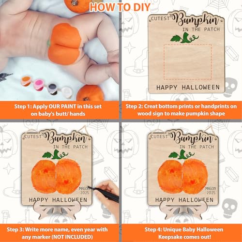 Image of Cutest Little Pumpkin in the Patch Wood Sign, Baby's First Halloween Keepsake Craft, My First Halloween DIY Baby Bum Pumpkin Art Kit, Stand & Hanging Rope, Fall Baby Gift, Decor Photo Prop Milestones