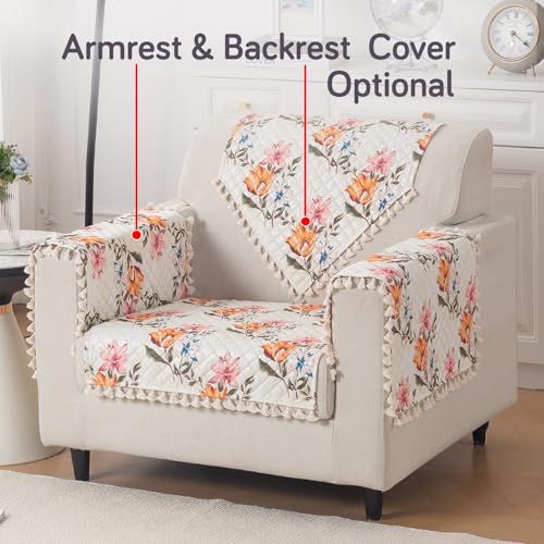 Image of HOKIPO Painterly Floral Quilted Sofa Cover Mat with Tassels for 1 Seater 'Tassel Twigs' Series (IN-982-T8)