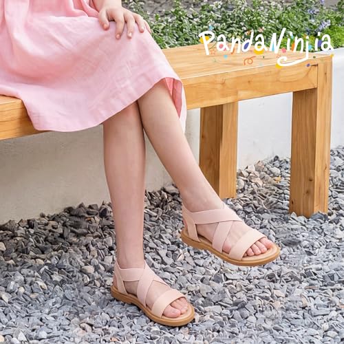 Image of PANDANINJIA Girls Sandals Slip-on Elastic Ankle Cross Strappy Gladiator Dress Sandals Flats Summer Shoes Little Big Kids Sandals