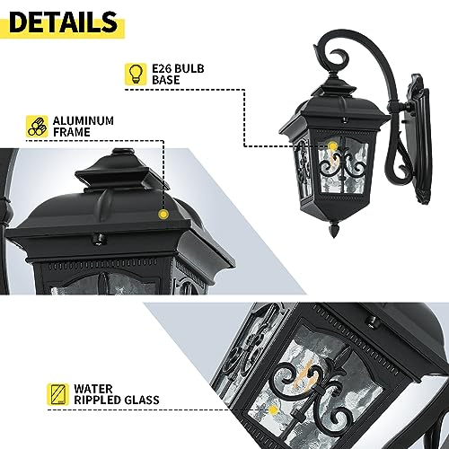 Gooseneck Outdoor Wall Lights, 14.4"H Black Vintage Industrial Exterior Lantern Light for Porch, Patio, Yard, Garden, Outside Waterproof Aluminum Wall Sconce Lamp Lighting Fixtures with Cracked Glass