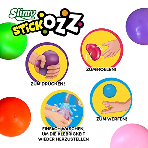 Tatoy Slimy StickOzz 4er Pack - 2 x Neon und 2 x GID Klebebälle zum Drücken, Quetschen und überall Hinwerfen, klebrige Spielbälle für Kinder, Sensory Antistress Fidget (ab 3 Jahre)