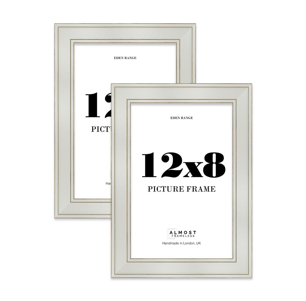 12x8 Light Grey Picture Frame - Shabby Chic Photo Frame with Distressed Finish, Gold Trim, Wall Hooks and Kickstand, 37mm Edge - 2 Pack