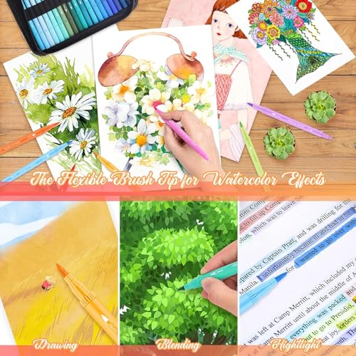 Image of Soucolor 72 Dual Brush Markers Adult Coloring Books,Fine &Brush Double Pens | 72 Vibrant Water-Based Colors,No Smudge, DIY Color Card,4 Coloring Sheets and Portable Case Lettering, & journaling.