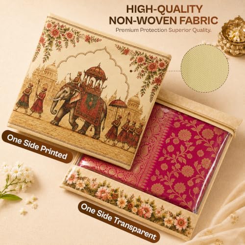 Image of JD FRESH 24 Pcs Large Non-Woven Saree Covers for Storage /Royal Elephant Design Saree Bags with Zip /Multi-Purpose Lehenga Storage Bag & Wardrobe Organizer /Clothes Cover for Dresses & Sarees(14x16 Inch)