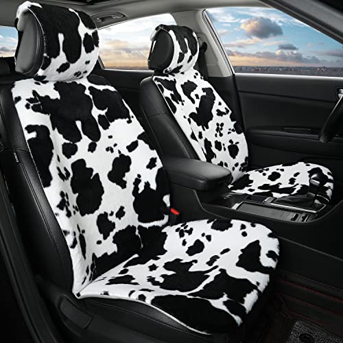 Black Panther Fuzzy Faux Fur Car Seat Cover,2 Pack Cow Print Front Fluffy Car Seats Cover for Women ,Car Accessory Compatible for Trucks Van SUV