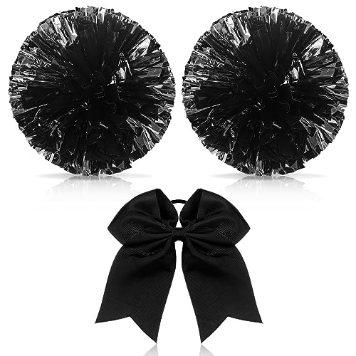 Hanaive 3 Pcs Cheerleading Pom Poms and Large Cheerleader Hair Bow for Girl Metallic Cheer Pom Poms for Teen Dance (Black Pom)