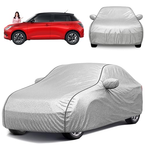 Image of Avecrew Car Cover for All UNIQE 100% Waterproof Car Body Cover for Maruti Swift (2018-2025) with Mirror and Antenna Pocket, Soft Cotton Lining, Triple Stitched Heat Resistant Setallic Silver