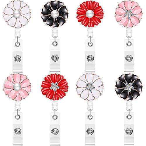 8 Carretes de Insignias Retráctiles de 24 Pulgadas, Porta Tarjeta de Identificación de Pétalos de Camelia con Cordón Retráctil y Pinza de Cocodrilo Giratoria, Carrete de Clip con Perla y Diamantes