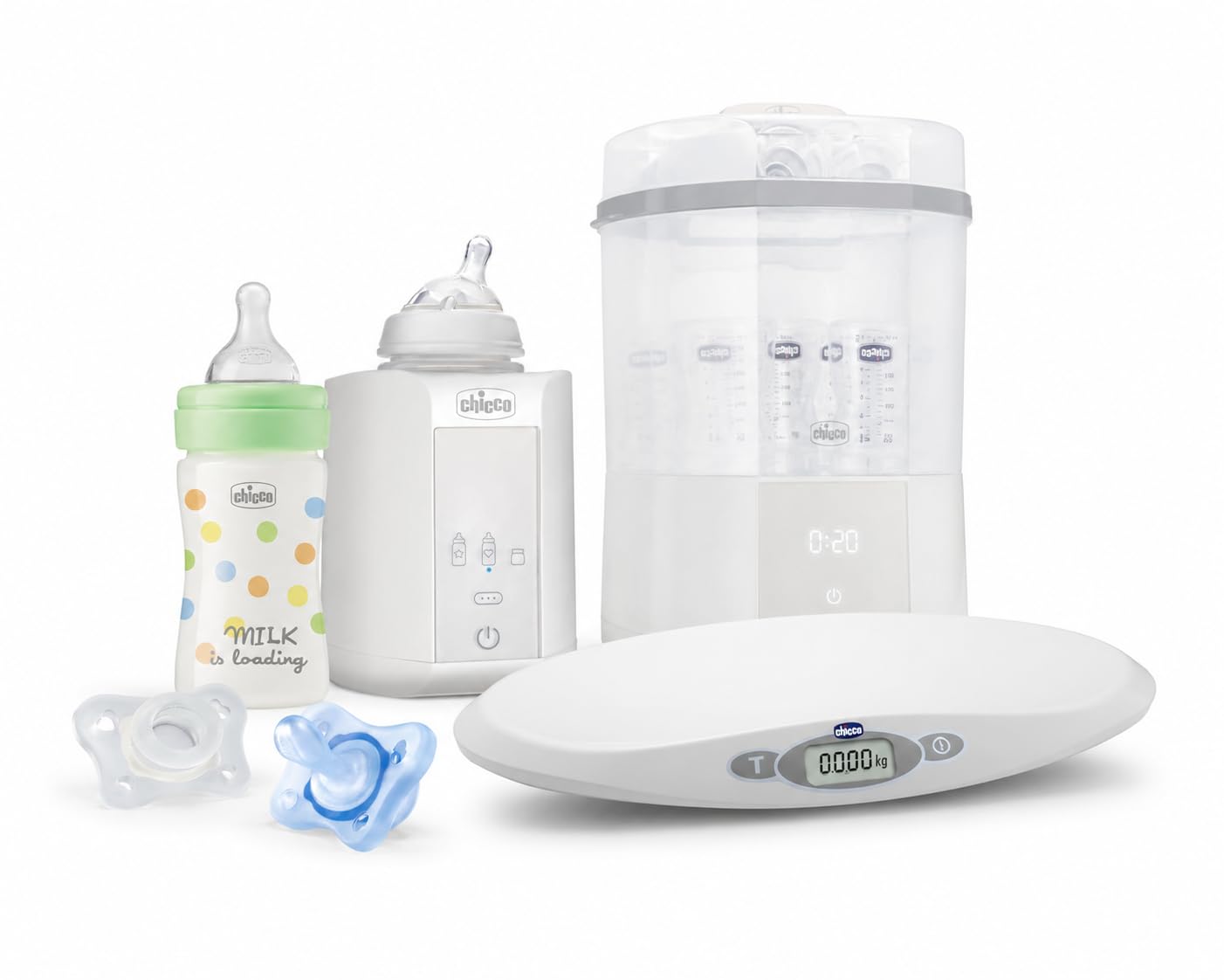 Chicco Starter Kit: Bilancia Digitale, Scaldabiberon, Sterilizzatore con Asciugatura, 1 Biberon, 2 Ciucci Gommotto 0 Mesi+ - Tutto il Necessario per il Tuo Neonato