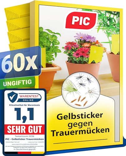 PIC Trauermücken bekämpfen – 60x Gelbtafeln gegen Trauermücken, Gelbsticker für Zimmerpflanzen, Gelbfalle gegen kleine Fliegen in der Blumenerde – Alternative zu Nematoden